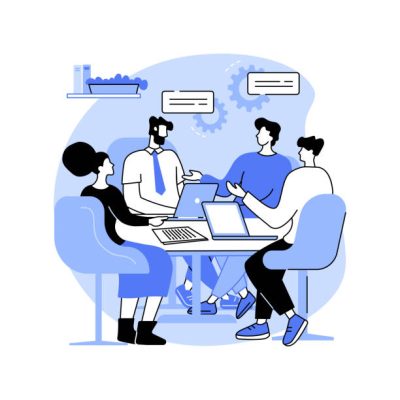 Focus groups isolated cartoon vector illustrations. Group of diverse young people discussing new IT company project, focus group research, business strategy development vector cartoon.
